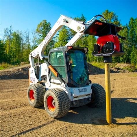 skid steer post driver pounder bobcat cat attachment|skid steering post drivers.